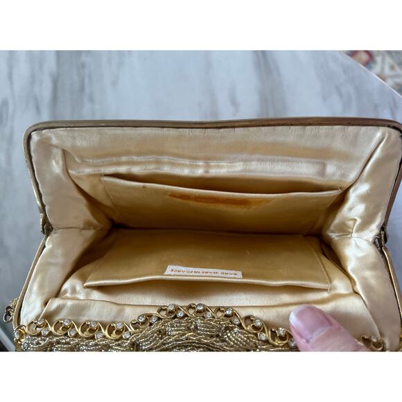 Le Goût du Jour Gold Beaded Swirl Rhinestone Filigree 50s Wrist Bag - Picture 9 of 10